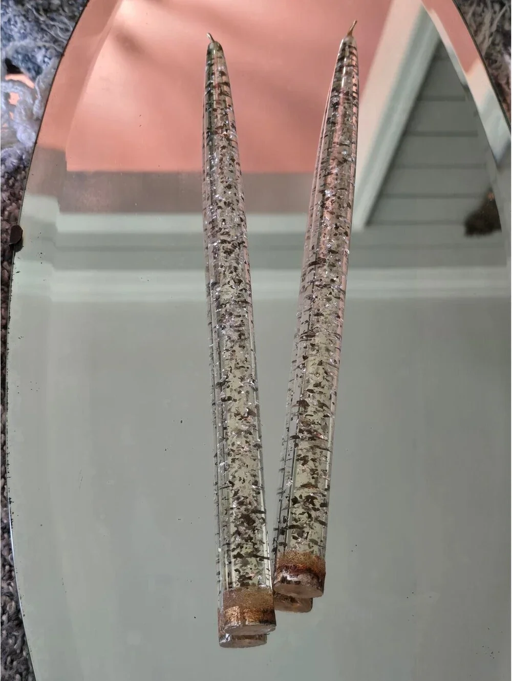 2 Lucite Taper Candles 12 in Gold & Silver Foil Flakes